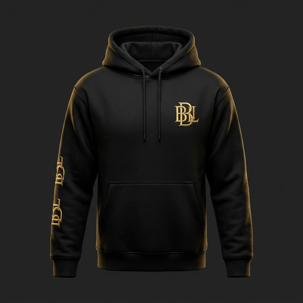 Founder Hoodie — black, gold BDL monogram