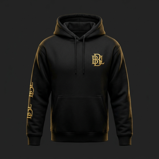 Founder Hoodie — black, gold BDL monogram