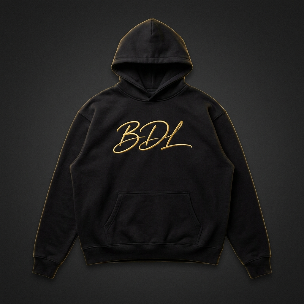 Essential Hoodie — black, gold BDL signature