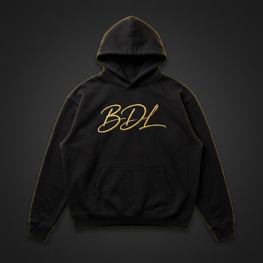 Essential Hoodie — black, gold BDL signature