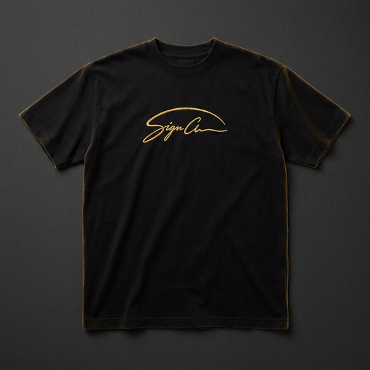 Paris Essential Tee — black, gold signature arc